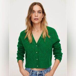MANGO Knitted Cropped Cardigan – Green, Size Lareg